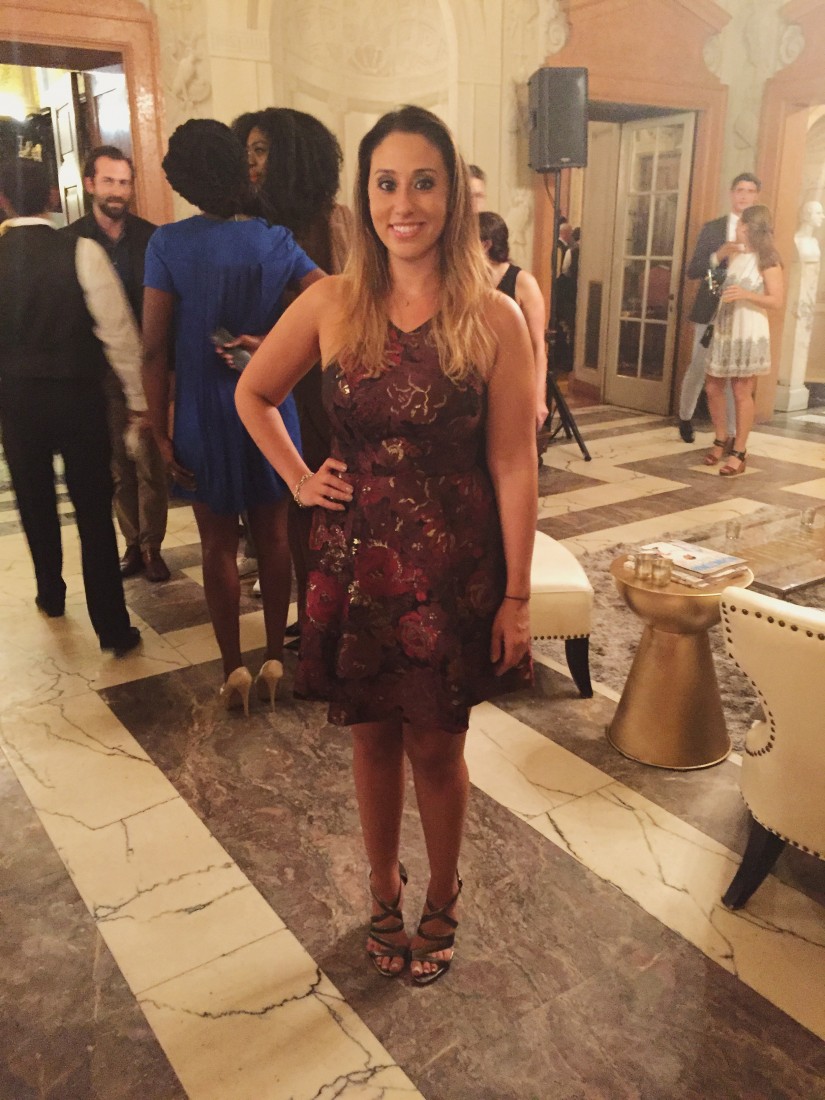 Washingtonian Events Manager Jessi Taff wearing an Aqua dress and Pour la Victoire heels. 